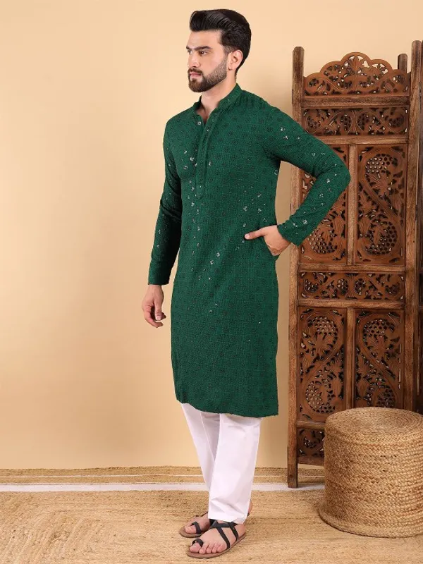Green_Cotton_Relaxed_Straight_Sequin_Embellished_Kurta_For_Men