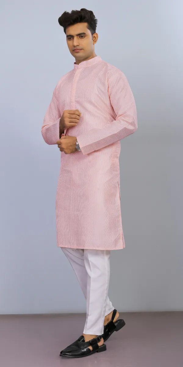Pink_Cotton_Blend_Textured_Mandarin_Collar_Kurta_For_Men