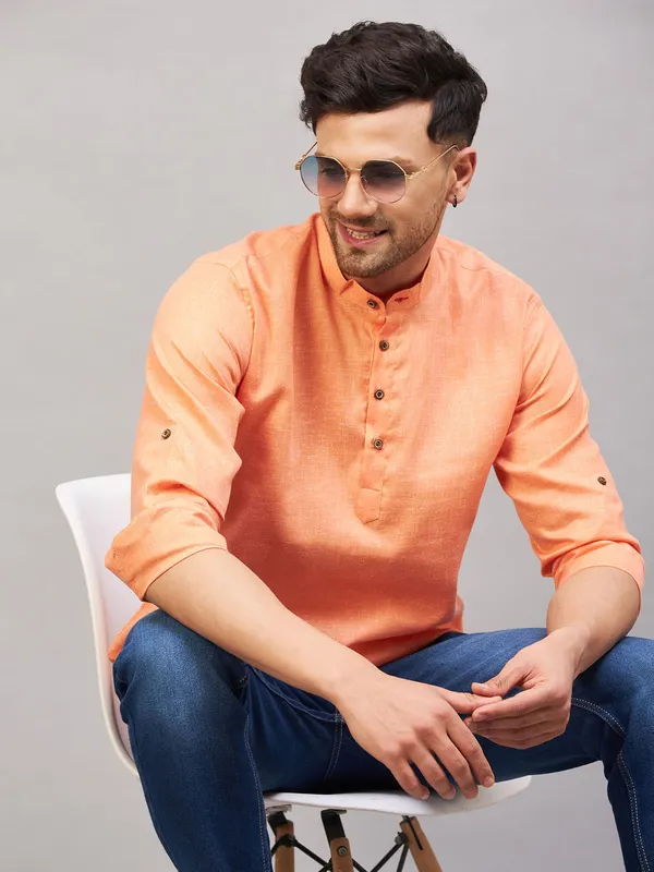 Peach_Linen_Mandarin_Collar_Short_Kurta_For_Men