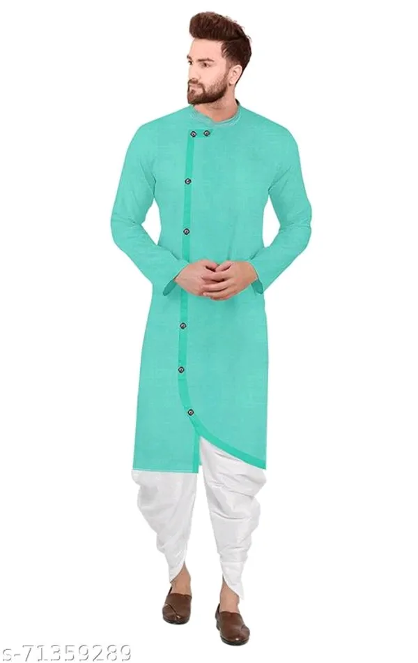 Turquoise_Cotton_Mandarin_Collar_Kurta_Pyjama_Set_For_Men