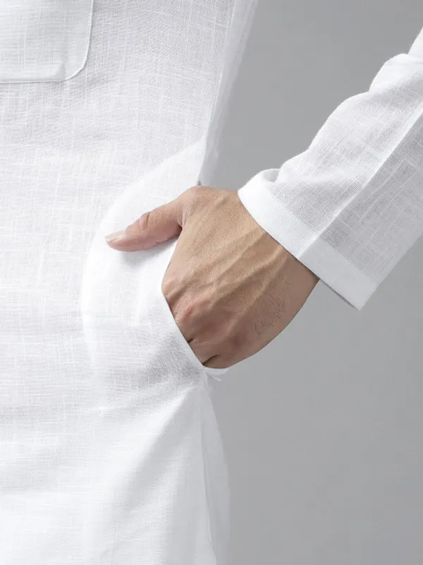White_Cotton_Knee_Length_Kurta_Pyjama_Set_For_Men