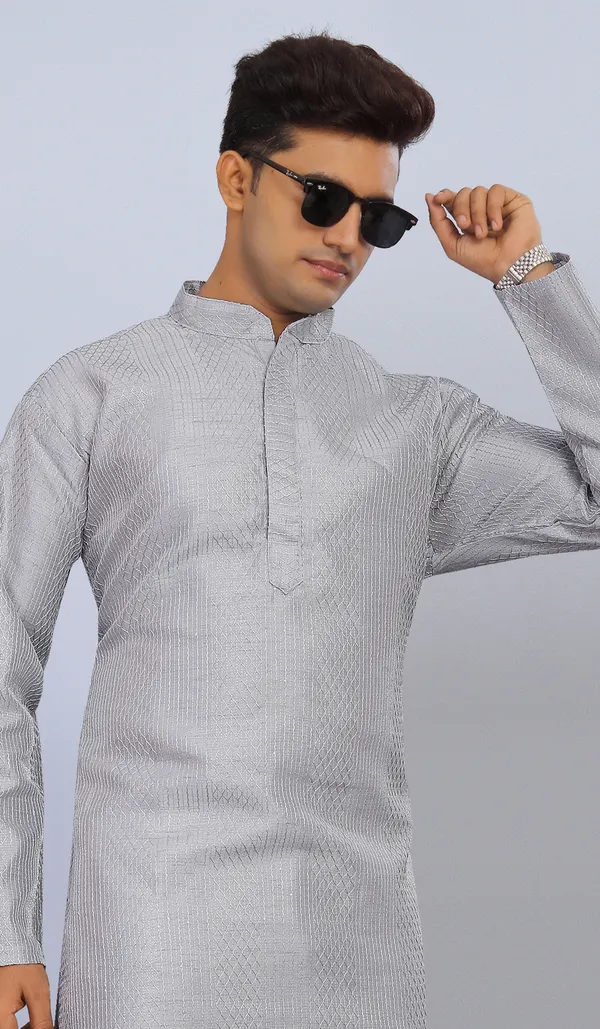 Grey_Cotton_Textured_Kurta_Pajama_Set_For_Men
