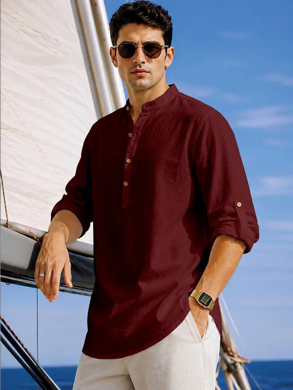 Maroon_Cotton_Mandarin_Collar_Kurta_For_Men