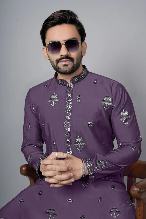 Purple_Cotton_Embellished_Straight_Kurta_Pajama_Set_For_Men