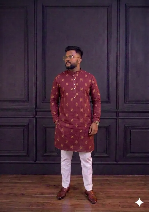 Maroon_Printed_Cotton_Straight_Kurta_Pajama_Set_For_Men