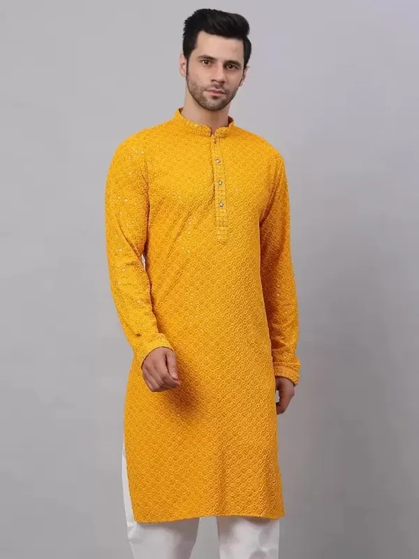 Yellow_Embroidered_Cotton_Straight_Kurta_For_Men