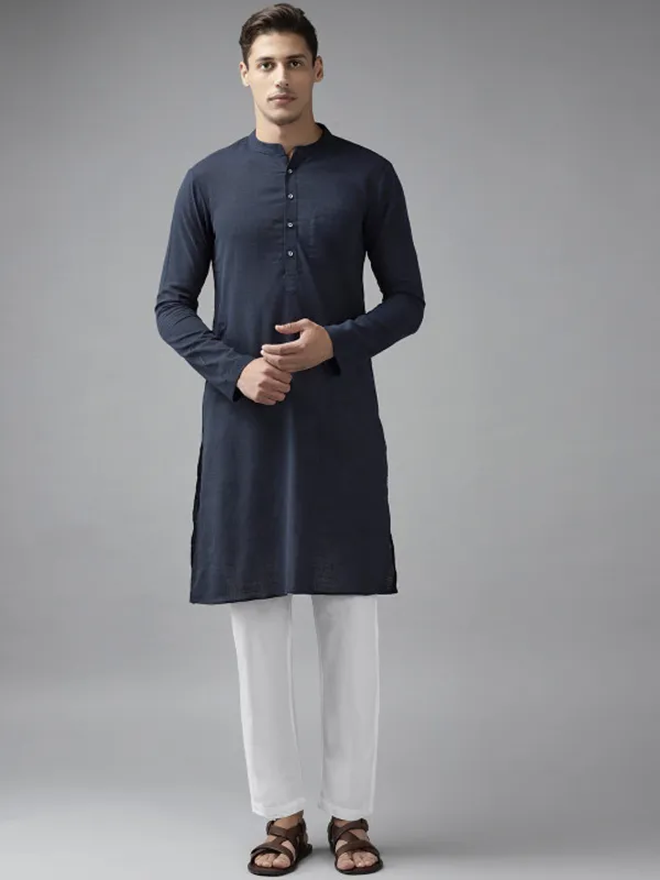 Navy_Blue_Cotton_Blend_Kurta_Pajama_Set_For_Men