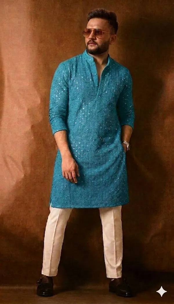 Teal_Blue_Cotton_Sequin_Embellished_Kurta_For_Men
