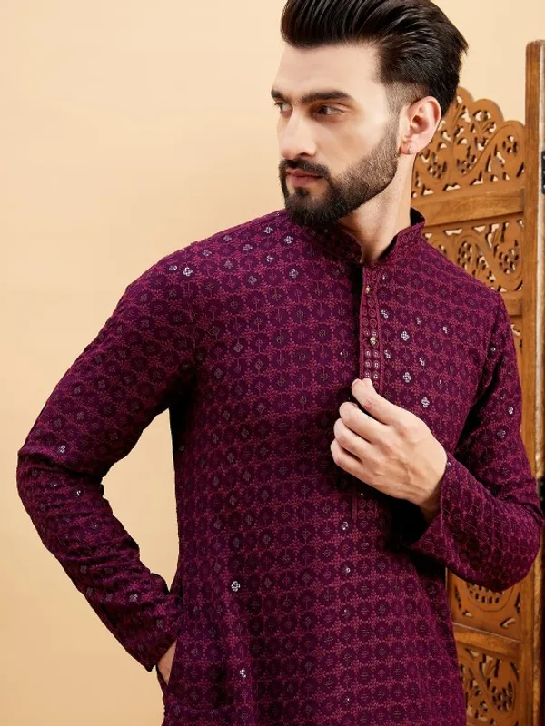 Maroon_Rayon_Regular_Fit_Sequin_Embroidered_Kurta_For_Men