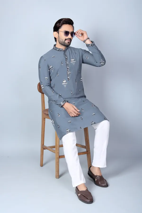 Grey_Cotton_Embroidered_Straight_Kurta_Pajama_Set_For_Men