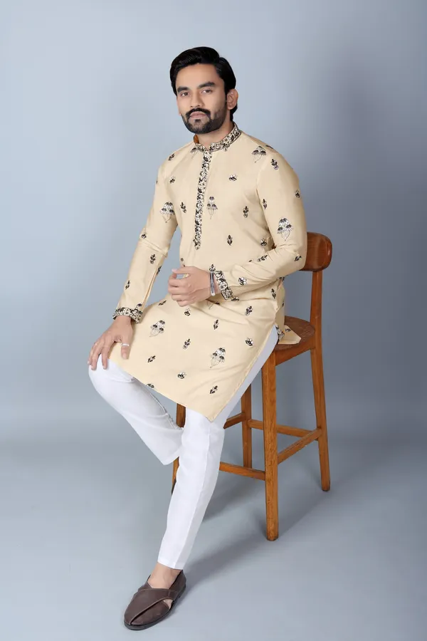 Beige_Cotton_Embroidered_Relaxed_Fit_Kurta_Pajama_Set_For_Men