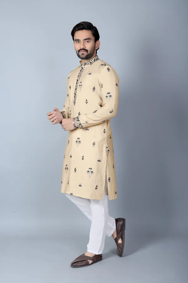 Beige_Cotton_Embroidered_Relaxed_Fit_Kurta_Pajama_Set_For_Men