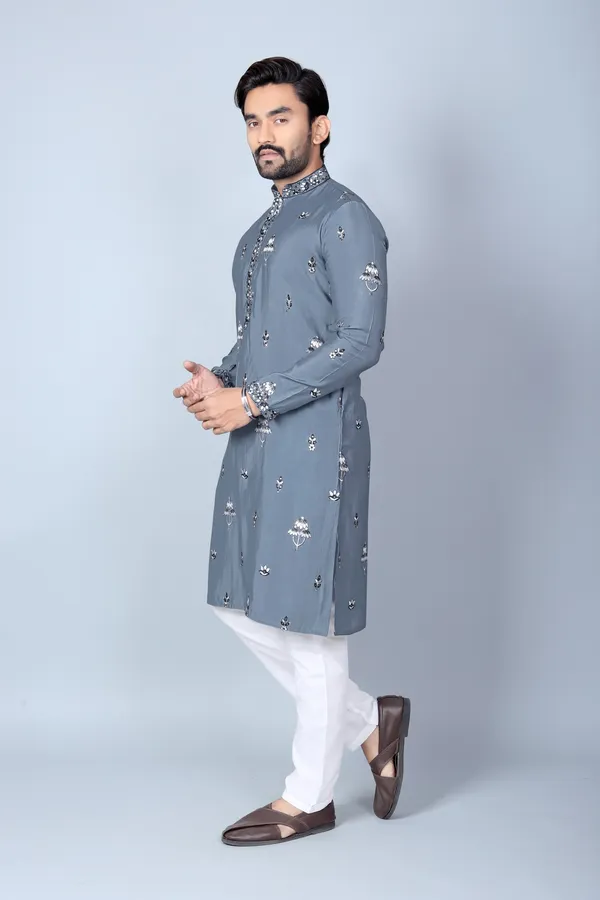 Grey_Cotton_Embroidered_Straight_Kurta_Pajama_Set_For_Men
