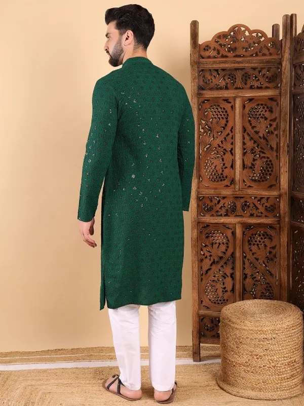 Green_Cotton_Relaxed_Straight_Sequin_Embellished_Kurta_For_Men