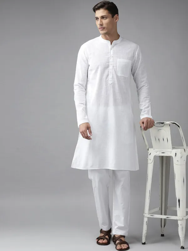 White_Cotton_Knee_Length_Kurta_Pyjama_Set_For_Men