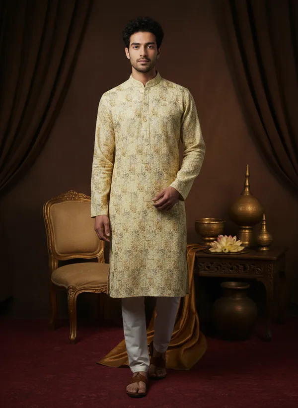 Cream_Rayon_Golden_Embroidered_Straight_Kurta_Set_For_Men