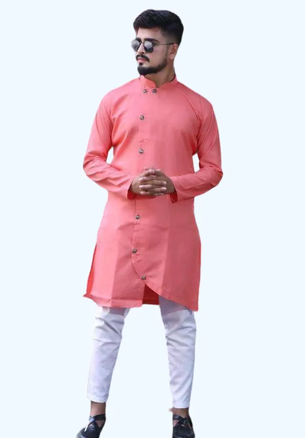 Peach_Cotton_Asymmetric_Hem_Kurta_For_Men