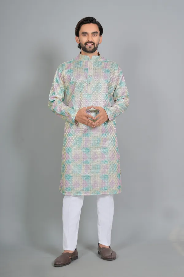 Pastel_Multicolor_Cotton_Textured_Long_Kurta_For_Men