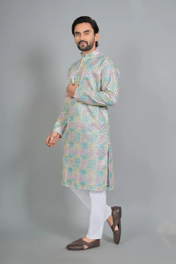 Pastel_Multicolor_Cotton_Textured_Long_Kurta_For_Men