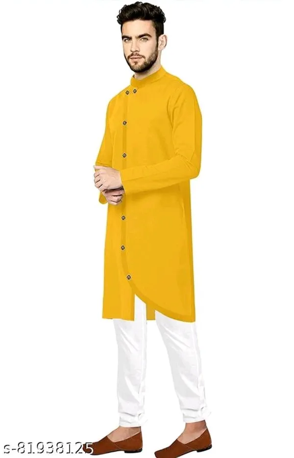 Yellow_Cotton_Blend_Relaxed_Fit_Kurta_Pyjama_Set_For_Men