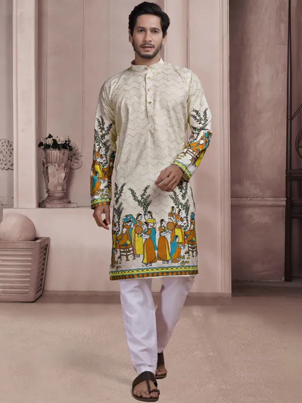 Cream_Cotton_Blend_Straight_Ethnic_Print_Kurta_For_Men