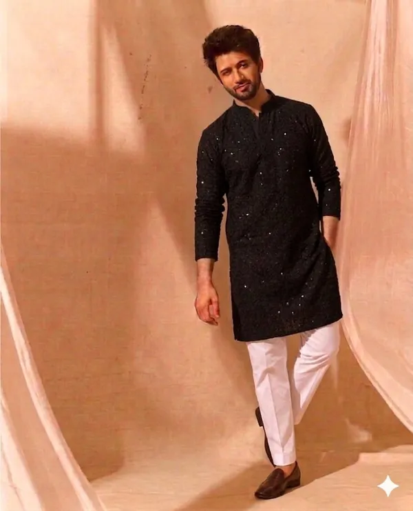 Black_Cotton_Regular_Fit_Embellished_Kurta_For_Men