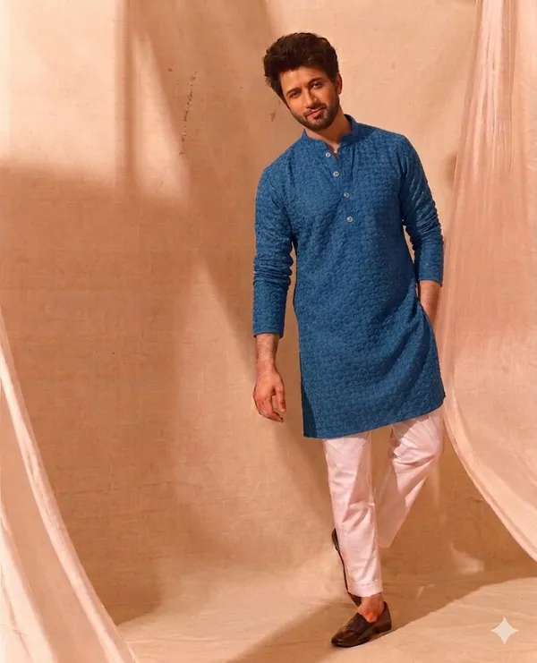 Blue_Textured_Cotton_Relaxed_Fit_Kurta_For_Men