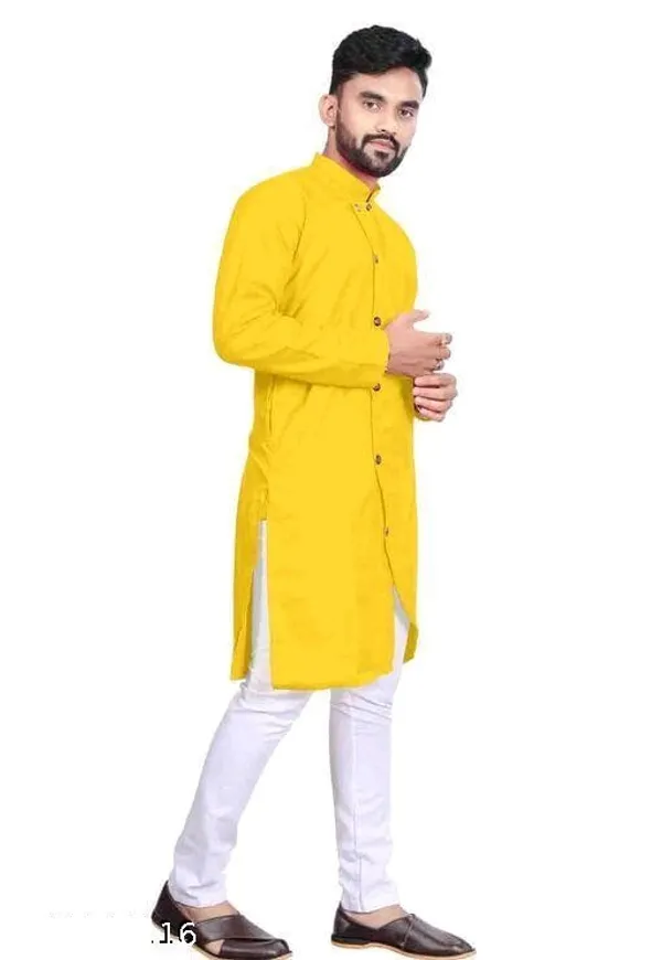 Yellow_Cotton_Blend_Relaxed_Fit_Long_Kurta_For_Men