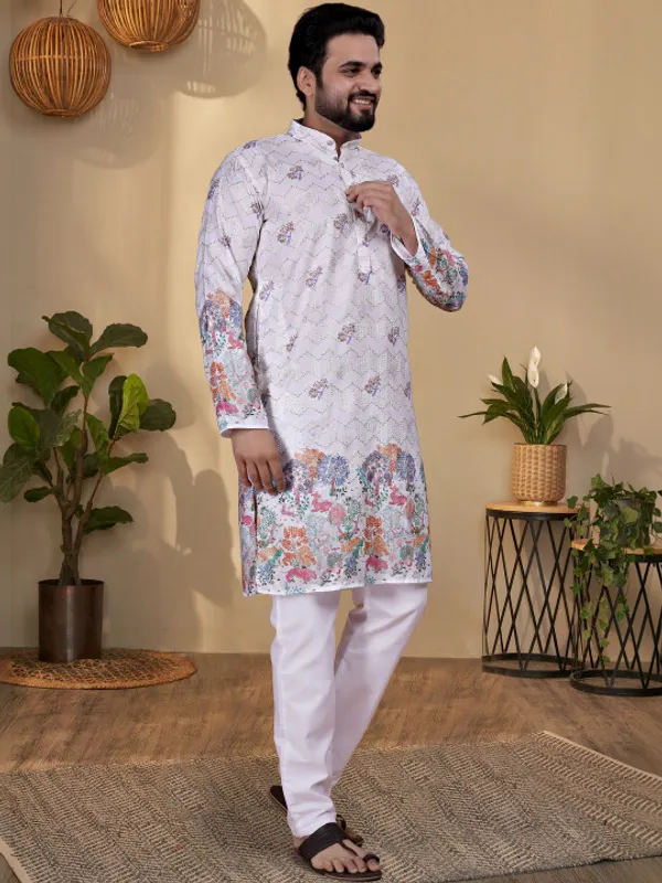 White_Cotton_Floral_Print_Long_Kurta_For_Men