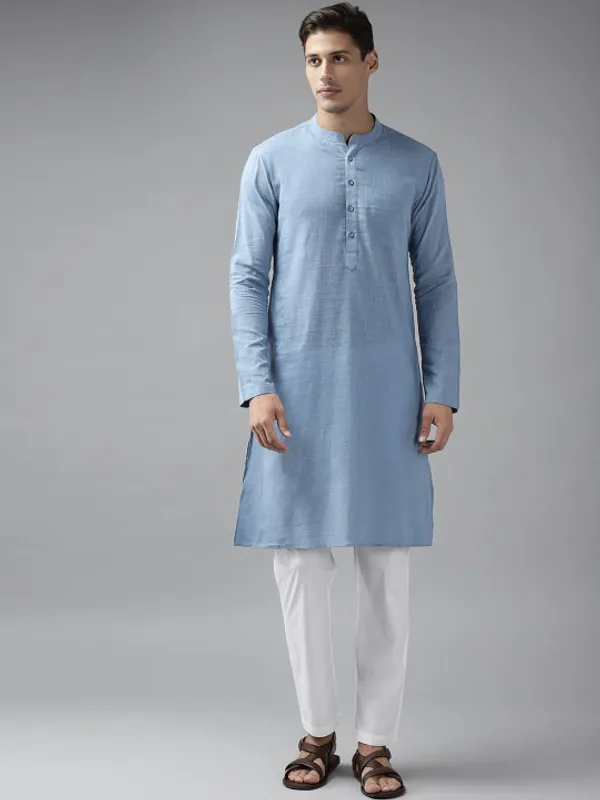 Blue_Cotton_Long_Kurta_With_Mandarin_Collar_For_Men
