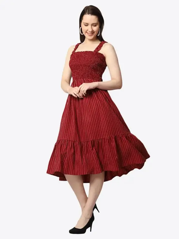 Maroon_Cotton_Smocked_Striped_Midi_Dress_For_Women
