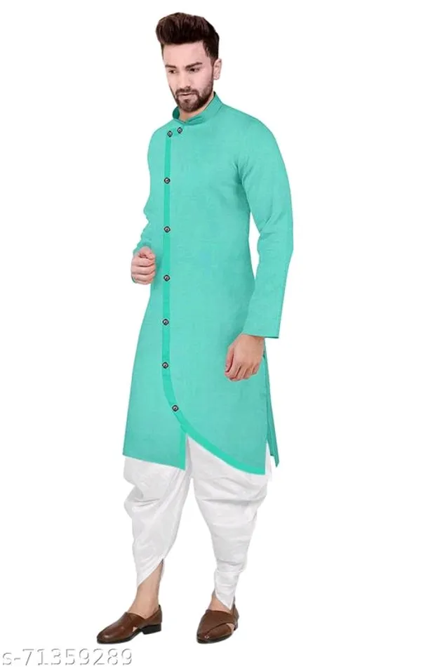 Turquoise_Cotton_Mandarin_Collar_Kurta_Pyjama_Set_For_Men