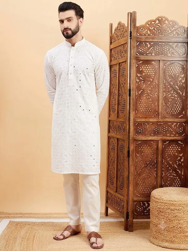 White_Rayon_Embroidered_Kurta_Pajama_Set_For_Men