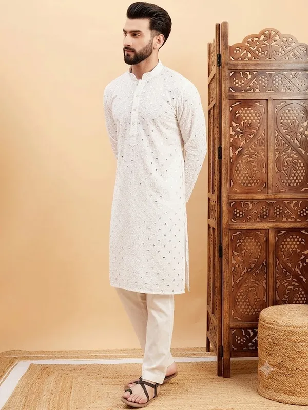 White_Rayon_Embroidered_Kurta_Pajama_Set_For_Men