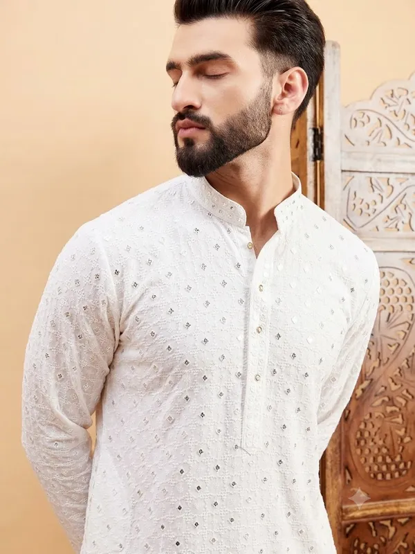 White_Rayon_Embroidered_Kurta_Pajama_Set_For_Men