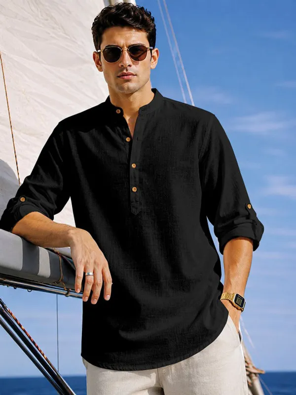 Black_Linen_Mandarin_Collar_Full_Sleeve_Shirt_For_Men