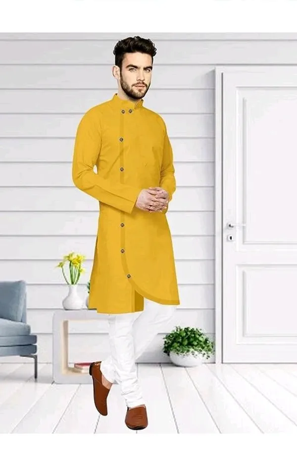 Mustard_Cotton_Blend_Regular_Fit_Asymmetric_Kurta_For_Men