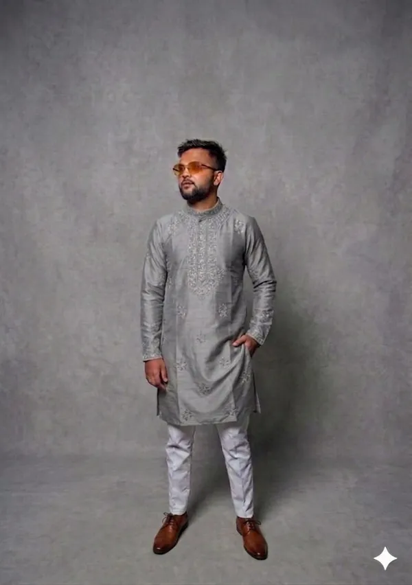 Grey_Embroidered_Cotton_Straight_Kurta_Pajama_Set_For_Men
