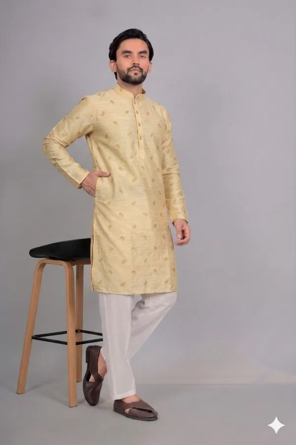 Yellow_Jacquard_Mandarin_Collar_Kurta_Pajama_Set_For_Men