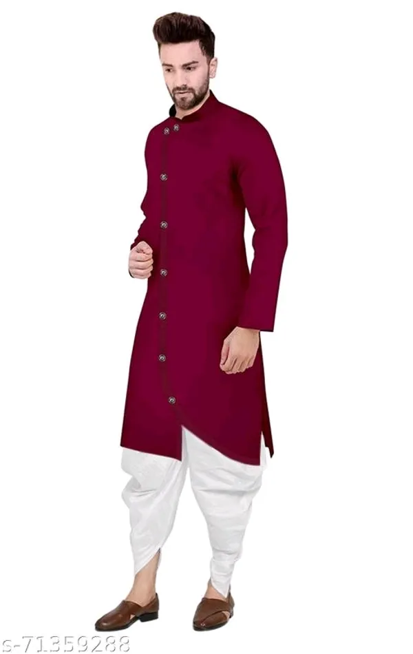 Maroon_Cotton_Blend_Asymmetric_Kurta_Pyjama_Set_For_Men