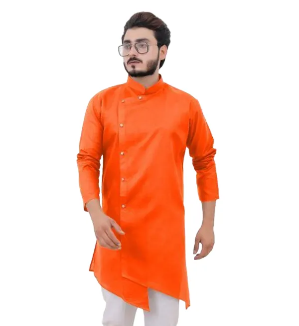 Orange_Cotton_Mandarin_Collar_Asymmetric_Kurta_For_Men