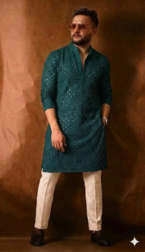 Teal_Cotton_Regular_Fit_Kurta_With_Churidar_For_Men