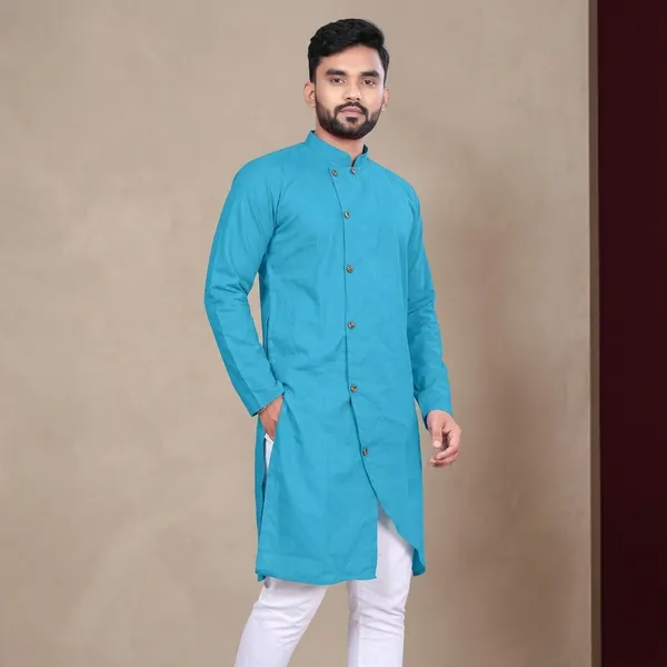 Blue_Cotton_Blend_Mandarin_Collar_Kurta_For_Men