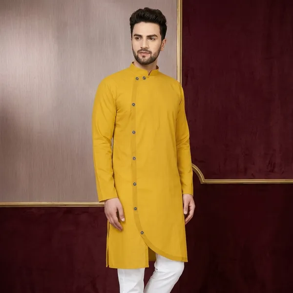 Mustard_Cotton_Blend_Regular_Fit_Asymmetric_Kurta_For_Men