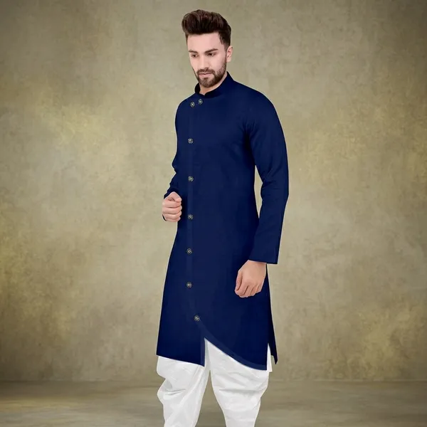 Navy_Blue_Cotton_Blend_Mandarin_Collar_Kurta_Dhoti_Set_For_Men