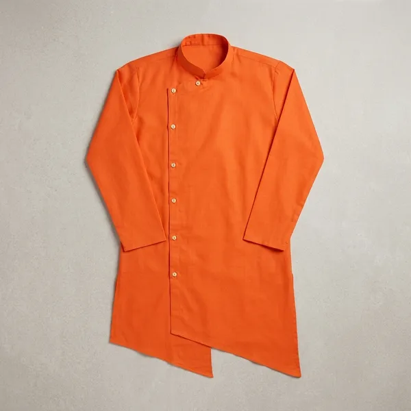 Orange_Cotton_Mandarin_Collar_Asymmetric_Kurta_For_Men