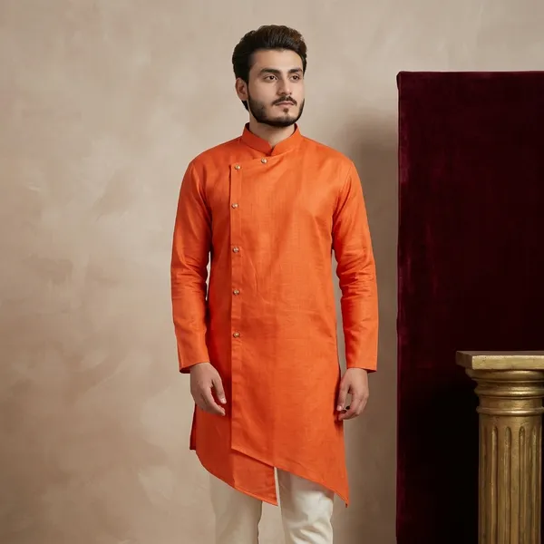 Orange_Cotton_Mandarin_Collar_Asymmetric_Kurta_For_Men