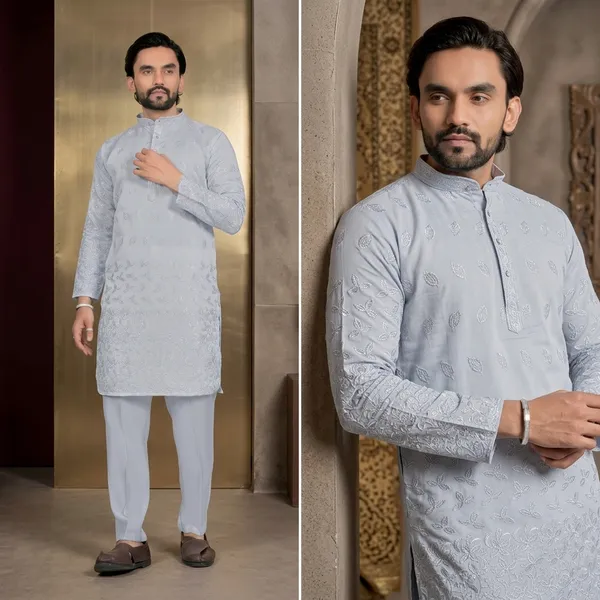 Light_Blue_Cotton_Blend_Embroidered_Kurta_Pajama_Set_For_Men
