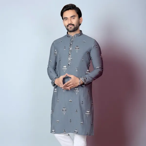 Grey_Cotton_Embroidered_Straight_Kurta_Pajama_Set_For_Men
