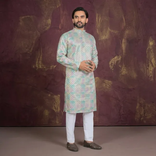 Pastel_Multicolor_Cotton_Textured_Long_Kurta_For_Men
